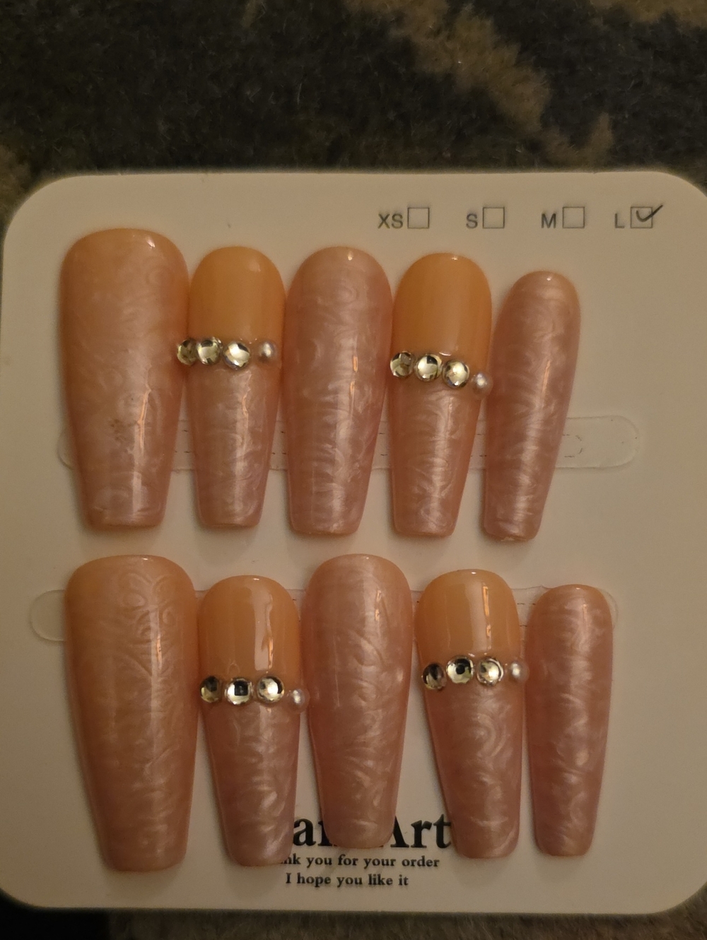 Peach Pearl Sheen Press-On Nail Set with Rhinestone Accent Size Large